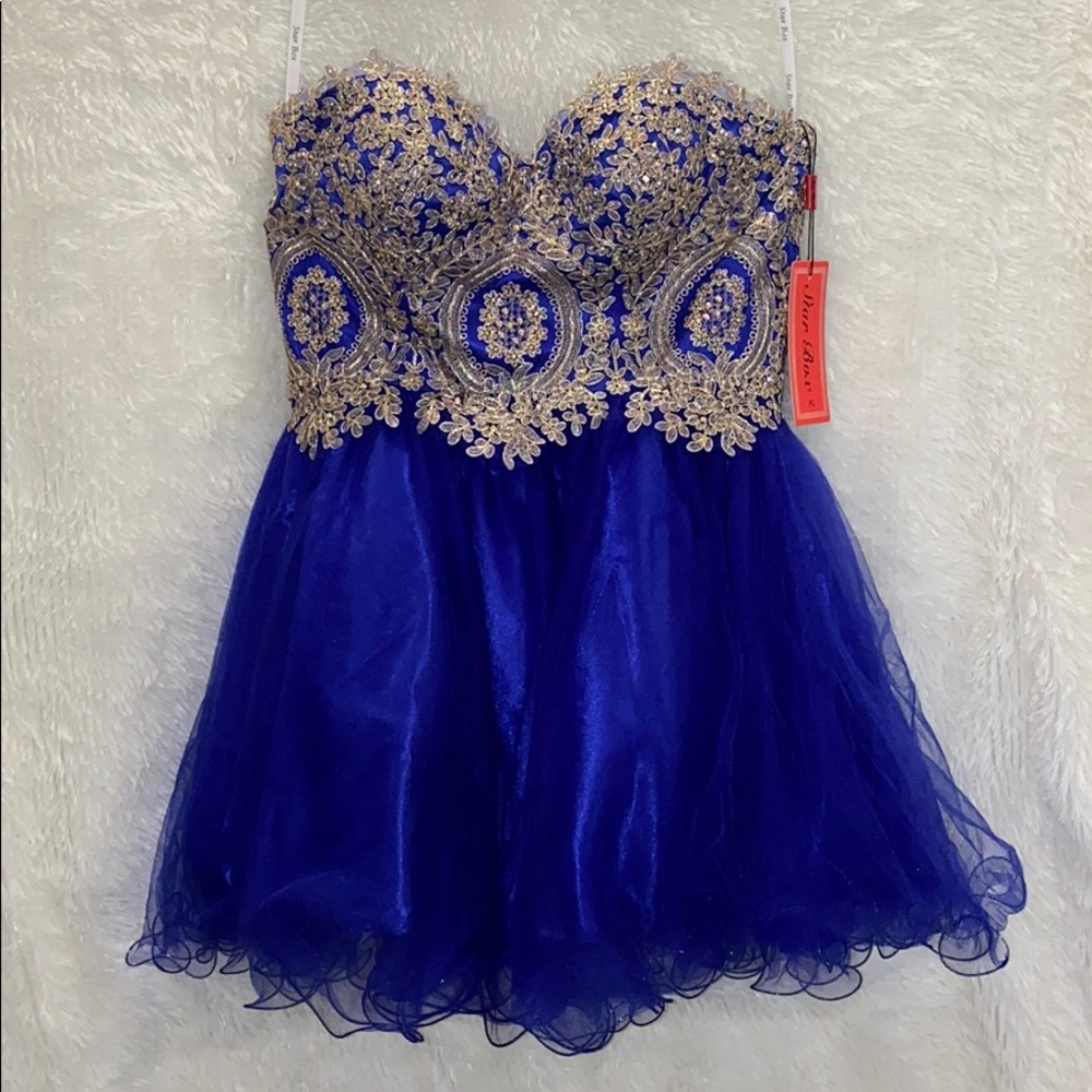 short blue with gold accents